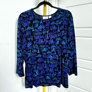 Wrinkle Free Women's 3/4 Sleeves Blue Black Top Size‎ XL Artcore Boho Travel